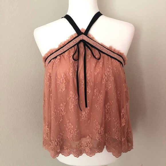 Free People Tops - Free People Pink Lace Open Back Halter Tank Small